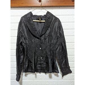 Jerry T Women's Black Silky Rhinestone Buttons Long-Sleeve Smocked Blouse Extra